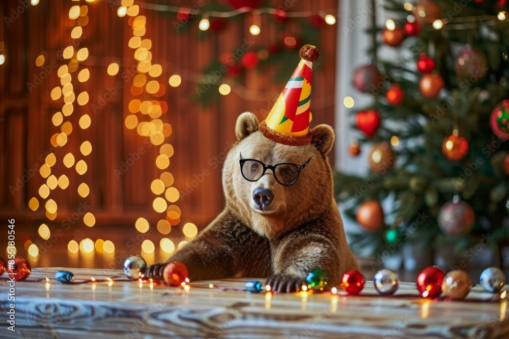 Naklejka premium Festive bear with party hat and glasses celebrating holidays
