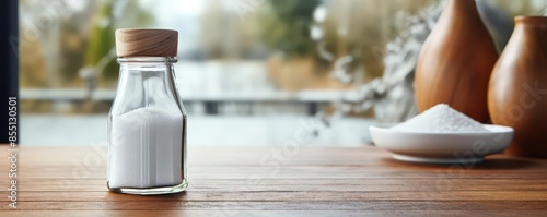 blank mock up, high sodium theme, empty salt shaker, modern kitchen background, clean lines photo