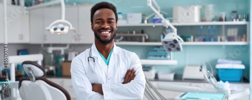 Happy afro men dentist doctor with arms crossed in dental office, banner. Generative AI.