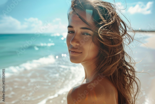 Portrait of a young beautiful woman with long windy hair on the beach 