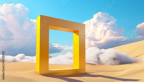  3d render of yellow square portal gate with clouds on the desert sand background, abstract minimal concept 32k, full ultra HD, high resolution