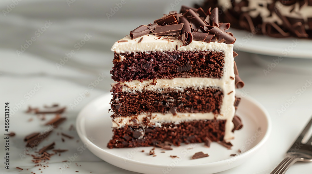 a decadent chocolate cake slice with rich layers, creamy frosting, and chocolate shavings a decadent chocolate cake slice with rich layers, creamy frosting, and chocolate shavings