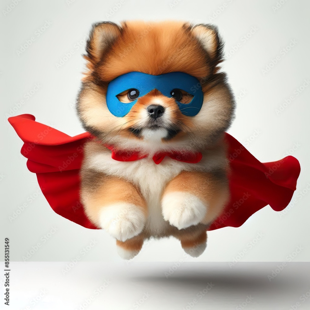 fluffy superhero cute Dog with a cloak and mask jumping and flying on a white background fluffy superhero cute Dog with a cloak and mask jumping and flying on a white background