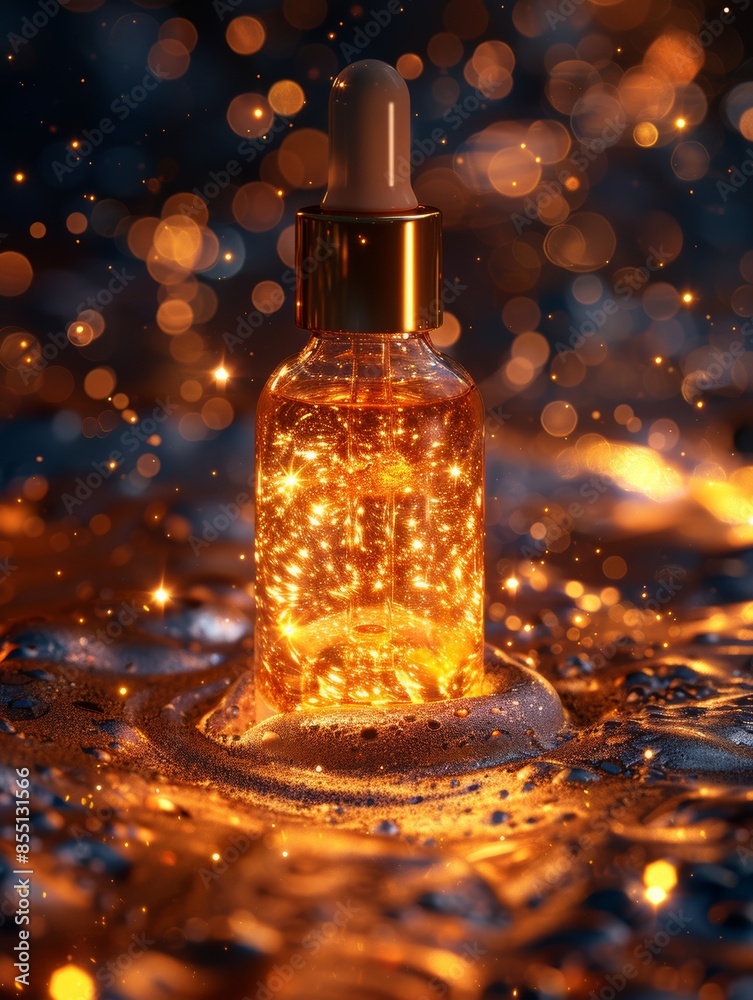 A commercially cosmetic illustration of a bottle of perfume lying on the sparkling sands, reflected by the glistening light around, with a black background. A commercially cosmetic illustration of a bottle of perfume lying on the sparkling sands, reflected by the glistening light around, with a black background.