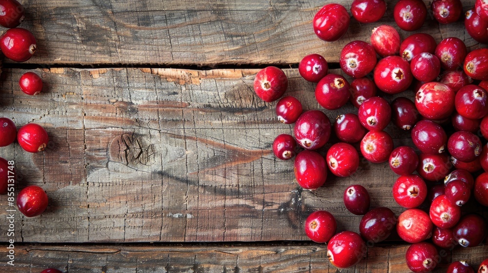 Neatly arranged vibrant cranberries on a wooden table