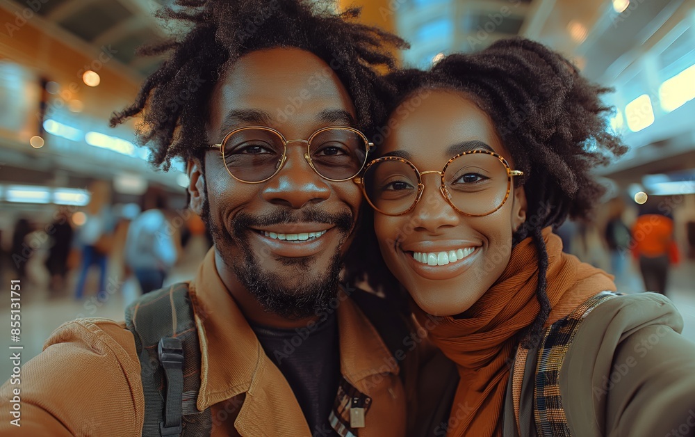 Excited couple taking a selfie at the airport Excited couple taking a selfie at the airport