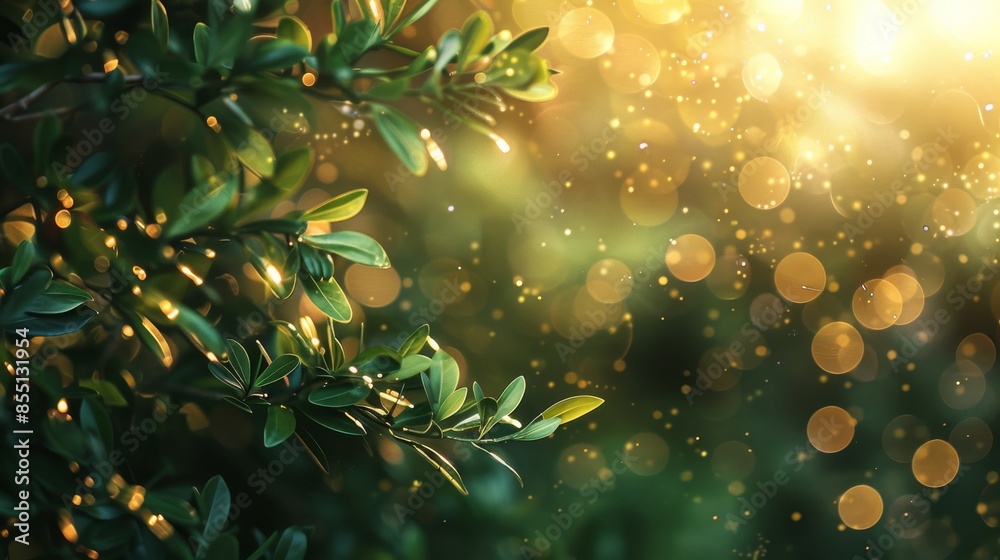 Blur golden bokeh with a green leafs on the foreground. Yellow color in park Light sunny warm day. Green leaves in garden on a sunny day Blur golden bokeh with a green leafs on the foreground. Yellow color in park Light sunny warm day. Green leaves in garden on a sunny day