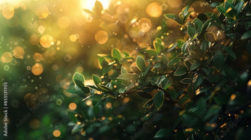 Blur golden bokeh with a green leafs on the foreground. Yellow color in park Light sunny warm day. Green leaves in garden on a sunny day Blur golden bokeh with a green leafs on the foreground. Yellow color in park Light sunny warm day. Green leaves in garden on a sunny day