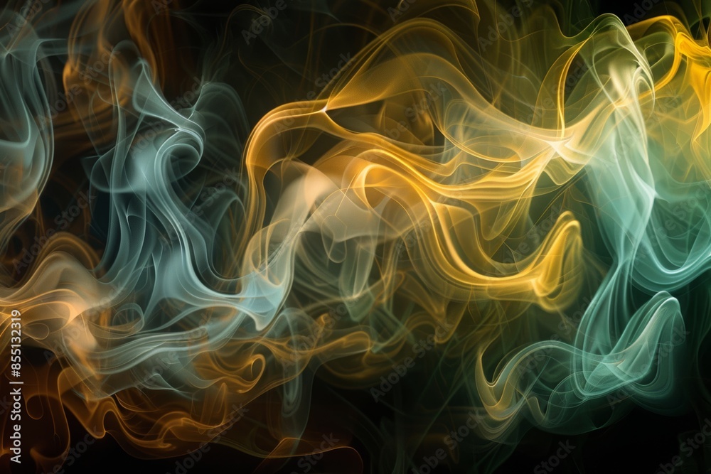 Fototapeta premium Yellow and green smoke swirling on a dark background. Abstract smoke art concept.