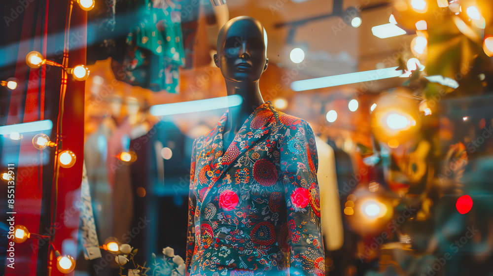 Obraz premium A mannequin wearing a floral suit stands in a store window.