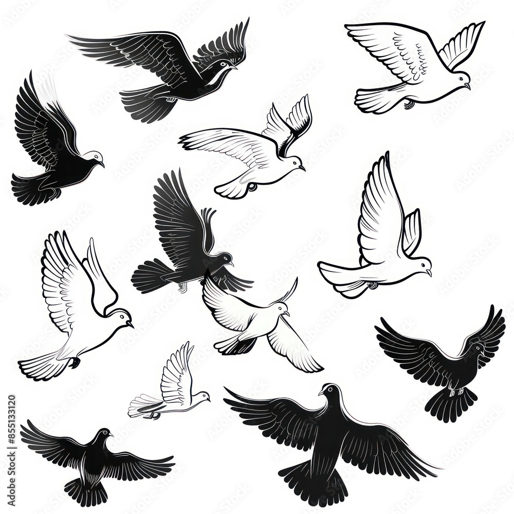 Obraz premium Flying pigeons background. Hand drawn vector illustration.