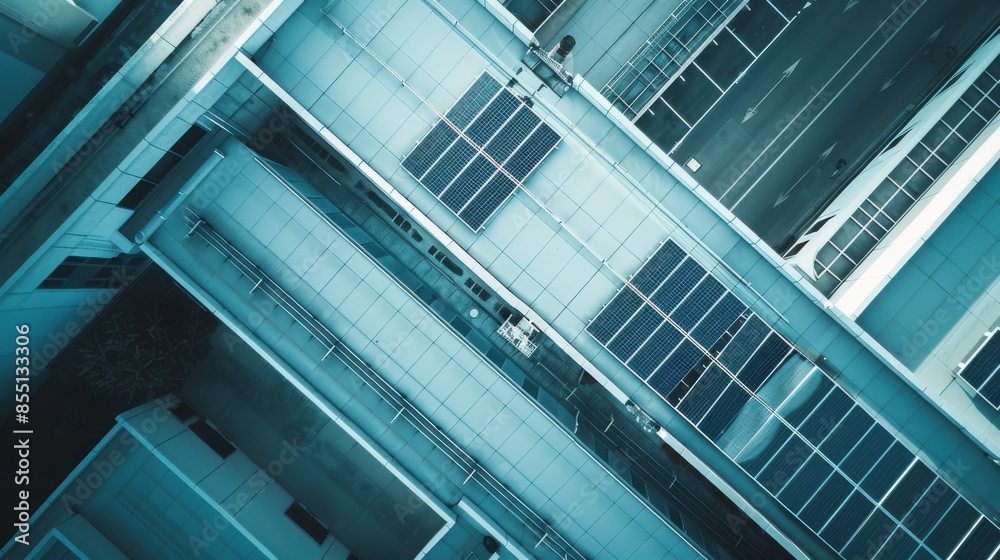 Obraz premium Photovoltaic cells on a sleek rooftop, generating solar power, top view, emphasizing renewable energy solutions, technology tone, Monochromatic Color Scheme