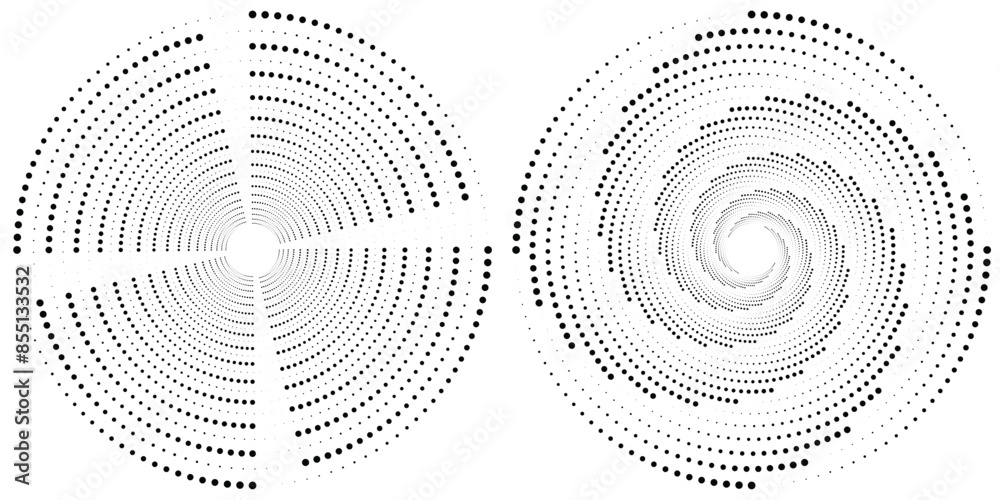 Halftone circular dotted frames set. Circle dots texture isolated on white background. Spotted spray texture. Vector abstract design element spiral circle. modern style Halftone circular dotted frames set. Circle dots texture isolated on white background. Spotted spray texture. Vector abstract design element spiral circle. modern style