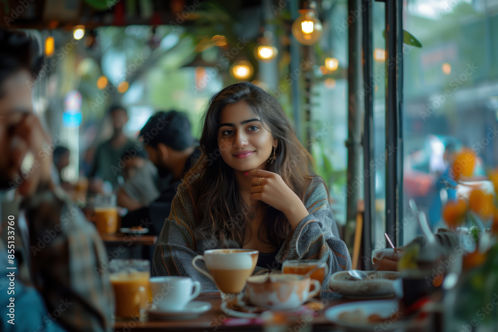 Cozy Morning Cafe with Woman Enjoying Coffee Cozy Morning Cafe with Woman Enjoying Coffee