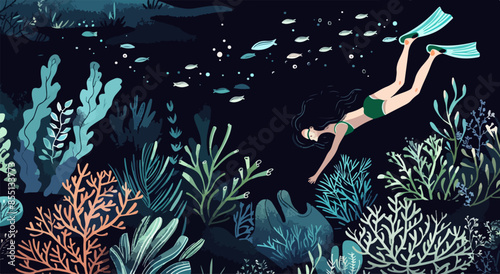 A woman is swimming in the ocean with fish swimming around her