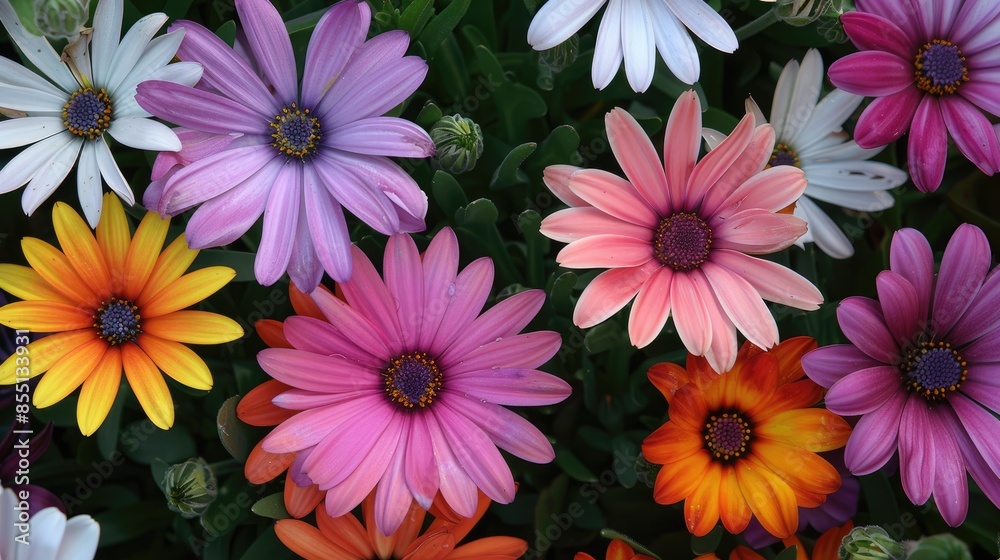 Vibrant spring blooms of large colorful daisies Vibrant spring blooms of large colorful daisies