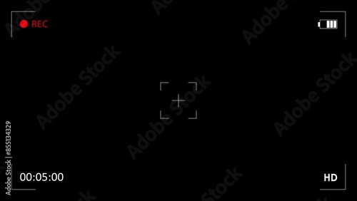 Camera recording screen on black background. Viewfinder camera screen recording animation.
