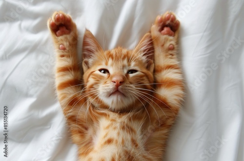 Adorable Orange Tabby Kitten Sleeping on White Bedding With Paws Raised