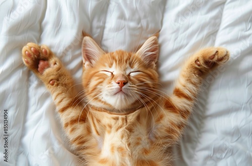 Adorable Orange Tabby Kitten Sleeping on White Bedding With Paws Raised