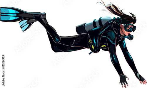 A woman is diving underwater wearing a black wetsuit