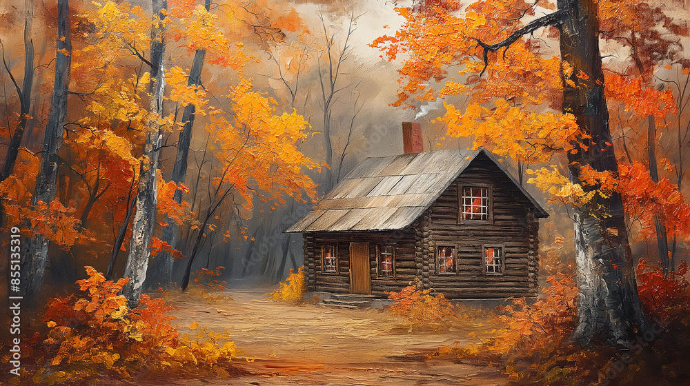 Small wooden house and autumn trees with orange yellow, artistic vision of beautiful autumn landscape, oil painting on canvas Wallpaper Poster Small wooden house and autumn trees with orange yellow, artistic vision of beautiful autumn landscape, oil painting on canvas Wallpaper Poster