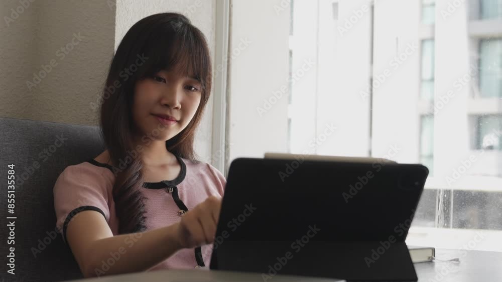 A woman is sitting at a table, using a tablet. She is smiling and wearing a pink top. There is a book and a laptop on the table, with large windows in the background A woman is sitting at a table, using a tablet. She is smiling and wearing a pink top. There is a book and a laptop on the table, with large windows in the background