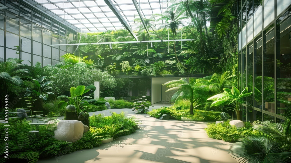 Green atrium in an urban building, lush indoor garden, front view, promoting biophilic design, cybernetic tone, Triadic Color Scheme Green atrium in an urban building, lush indoor garden, front view, promoting biophilic design, cybernetic tone, Triadic Color Scheme