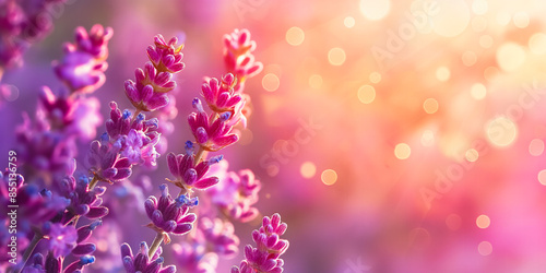 Vibrant lavender flowers blooming in a picturesque meadow, bathed in soft sunlight. A beautiful background for design projects, advertisements, and seasonal themes.. Text space