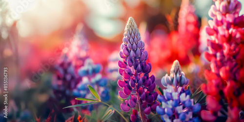 Bright lupins blooming in a picturesque landscape, bathed in soft sunlight. A beautiful background for design projects, advertisements, and seasonal themes. Copy space