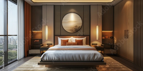 Modern Hotel Bedroom With Large Windows And View Of Green Trees