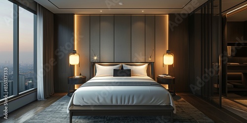 Modern Hotel Bedroom With Large Windows And View Of Green Trees