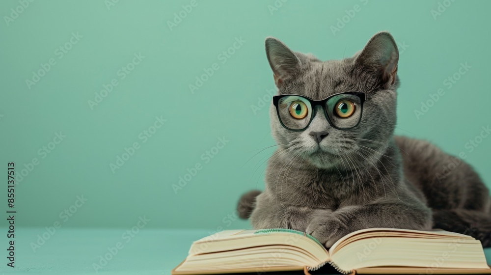 Cat reading book. British Short Hair with glasses reading book. Cat reading book. British Short Hair with glasses reading book.