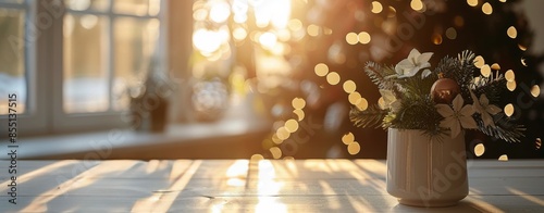 Wooden Tabletop In Front Of Blurred Christmas Tree And Lights
