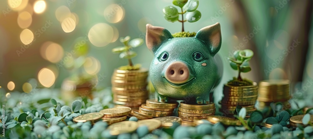 Green Piggy Banks on Stack of Gold Coins with Plant Sprouts Growing ...