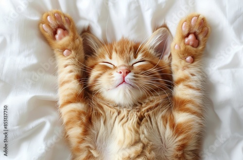 Adorable Orange Tabby Kitten Sleeping on White Bedding With Paws Raised