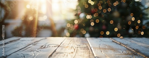 Wooden Tabletop In Front Of Blurred Christmas Tree And Lights
