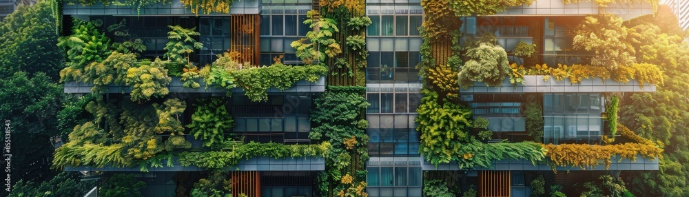 Fototapeta premium Green facade on a highrise apartment, promoting vertical greenery, side view, demonstrating urban sustainability, digital tone, Splitcomplementary color scheme