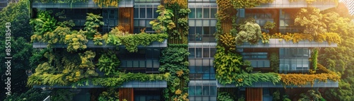 Green facade on a highrise apartment, promoting vertical greenery, side view, demonstrating urban sustainability, digital tone, Splitcomplementary color scheme © kitidach