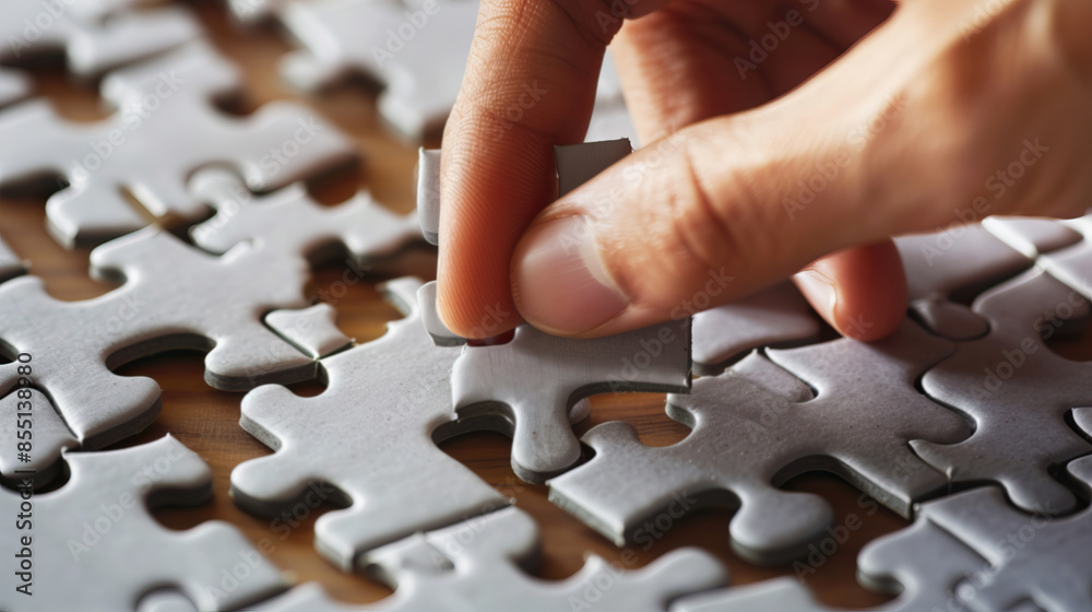 Hands fitting a jigsaw puzzle piece into place, with a clear view of the surrounding puzzle area Hands fitting a jigsaw puzzle piece into place, with a clear view of the surrounding puzzle area