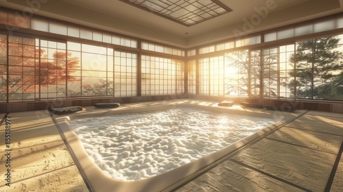 Serene traditional Japanese bathhouse with warm sunlight illuminating the tatami mats and a soothing hot tub, offering ultimate relaxation. photo