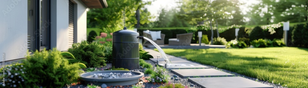 Obraz premium Greywater recycling system in a suburban backyard, efficiently reusing water for irrigation, front view, promoting water conservation, technology tone, Monochromatic Color Scheme
