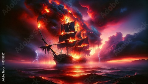 Burning Ship in a Dramatic Seascape - A ship engulfed in flames sails through a stormy sea, with ominous clouds and lightning strikes creating a dramatic backdrop.