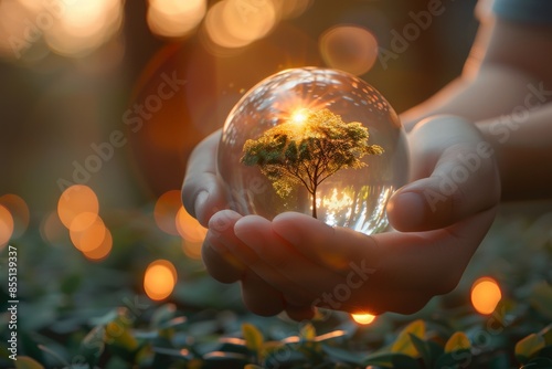 Hands Holding Glass Sphere With Tree Growing Inside Surrounded By Warm Glowing Lights In A Lush Green Outdoor Environmentsustainability photo