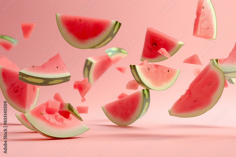 Slices of fresh juicy watermelon falling on pink background, Slices of Fresh Juicy Watermelon Falling on a Vibrant Pink Background, Refreshing Watermelon Slices Falling on Pink Backdrop for a Juicy Su Slices of fresh juicy watermelon falling on pink background, Slices of Fresh Juicy Watermelon Falling on a Vibrant Pink Background, Refreshing Watermelon Slices Falling on Pink Backdrop for a Juicy Su