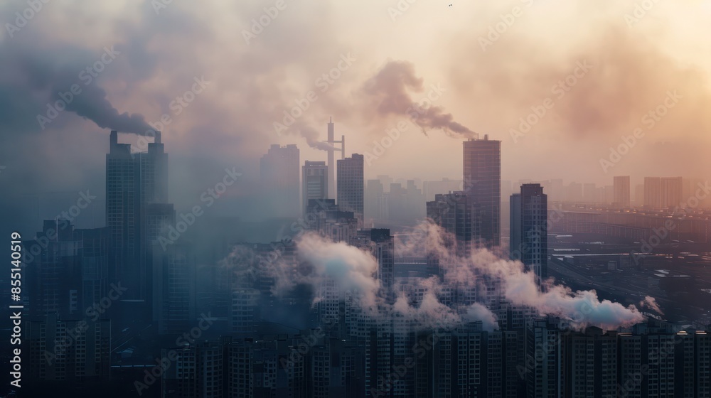 Smoke from heating station in big city during winter season at sunset. Smokestack pipes emitting co2 from coal thermal power plant into atmosphere. Air pollution and emission ecology problem concept Smoke from heating station in big city during winter season at sunset. Smokestack pipes emitting co2 from coal thermal power plant into atmosphere. Air pollution and emission ecology problem concept