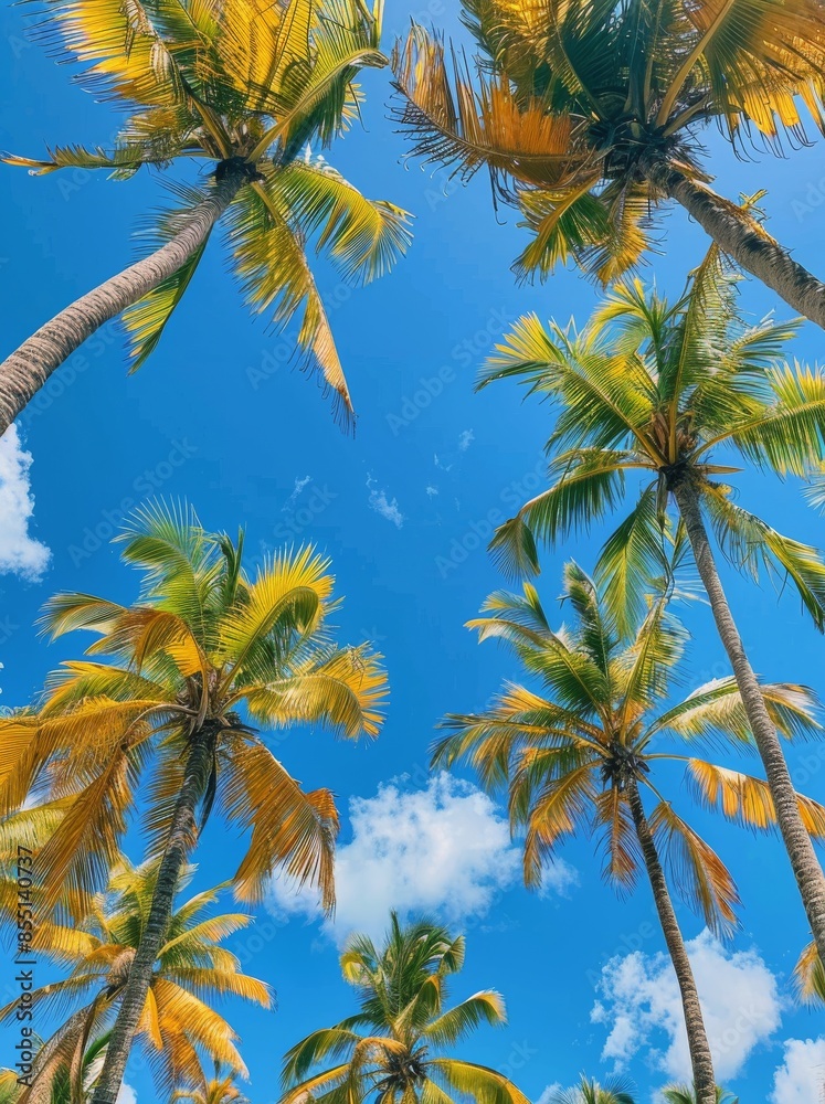 Looking Up at Palm Trees Against a Bright Blue Sky on a Sunny Day Looking Up at Palm Trees Against a Bright Blue Sky on a Sunny Day
