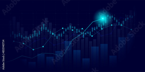 Abstract financial graph with uptrend line and glow chart of stock market on blue color background