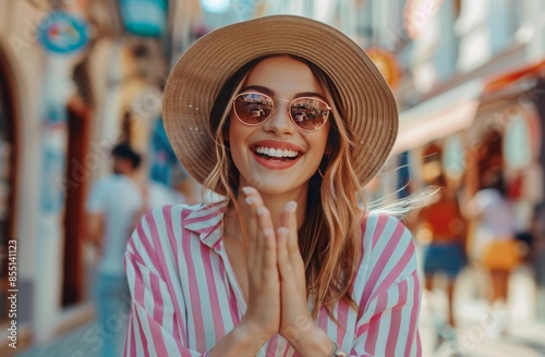Happy Woman Wearing Sunglasses and Straw Hat Waves in Colorful Street