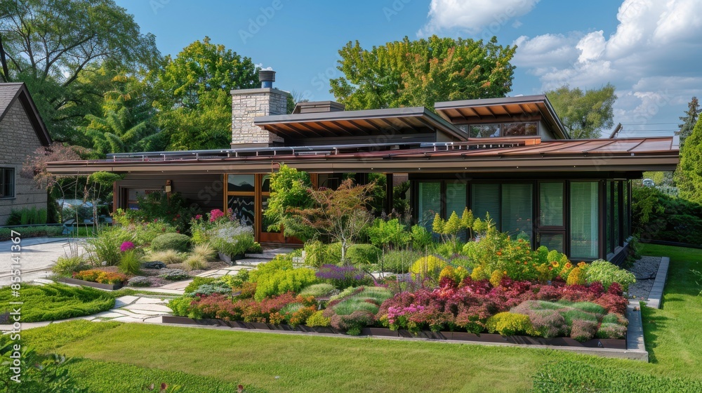Living roof with native plants on a suburban home, supporting local wildlife, front view, demonstrating green roofing solutions, digital tone, Splitcomplementary color scheme Living roof with native plants on a suburban home, supporting local wildlife, front view, demonstrating green roofing solutions, digital tone, Splitcomplementary color scheme