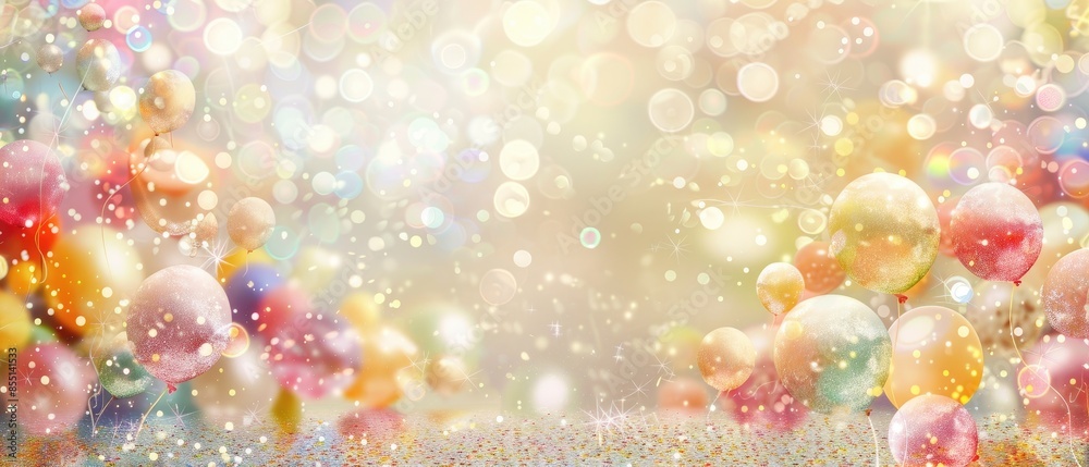 Soft pastel balloons and glittering confetti against a light turquoise background Soft pastel balloons and glittering confetti against a light turquoise background